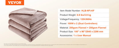 SucceBuy Heated Blanket Electric Throw 100" x 90"King Size Soft Flannel Heating Blanket with 10H Timer Auto-off 5 Heating Levels