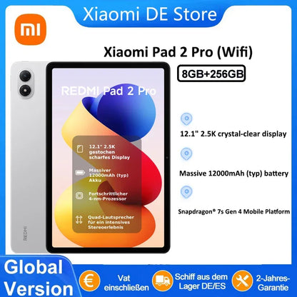 Global Version Xiaomi Redmi Pad 2 Pro Wifi 8 + 256GB 12.1 Inch 2.5K Crystal-clear Certified Eye-care Display Quad Speakers Massive 12000mAh (type) Battery Tablet PC