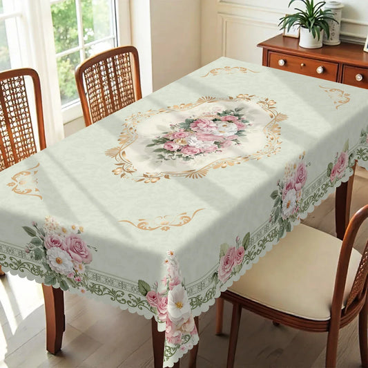 1 Piece, Elegant Retro Style Pink Rose Theme Tablecloth + 4 Self-Adhesive Stickers, Wedding Atmosphere Decoration, Embossed Edges, Suitable for Home Kitchen, Living Room Dining Table Balcony Coffee Table, Holiday Party Holida