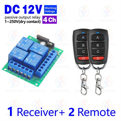 433Mhz Universal Wireless Remote Control Light Switch DC 12V 4CH RF Relay Receiver 60m Range for Light/Garage Door/LED DIY