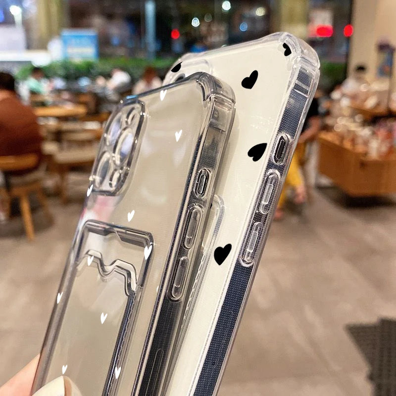 Case For iPhone 16 15 14 13 12 11 Pro Max Black White Love Heart Clear Phone Cover For iPhone XS X 7 8 Plus Wallet Card Bag Case