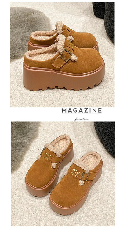Platform High Heels Slippers Women Suede Mules Shoes Fur Warm Wedges Flip Flops 2025 Winter New Snow Boots Fashion Zapatos Mujer