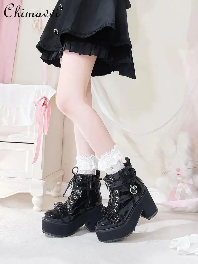 Japanese Mine Lolita Short Boots for Women Mass Production Love Rhinestone Buckle Bow Round Head Platform Boots Sweet Shoes
