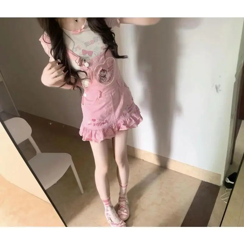 Sweet Girl Pink Overall Skirt Set Kawaii Strawberry Embroidery Ruffle Hem Cute Cartoon Print Jumper Outfit Summer Y2k Outfits