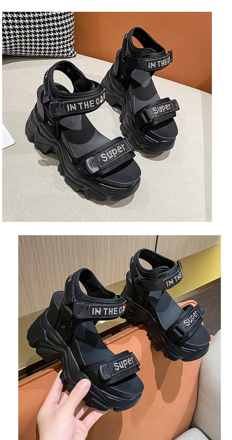 New Summer Black Women High Platform Sandals 11CM Wedge Heels Bling Slippers Peep Toe High Heels White Leather Chunky Flip-Flops
