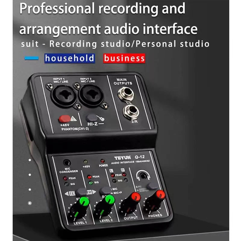 2 Channels Professional portable Audio Interface sound card console mini USB MIXER for Guitar Recording Studio Singing Q12