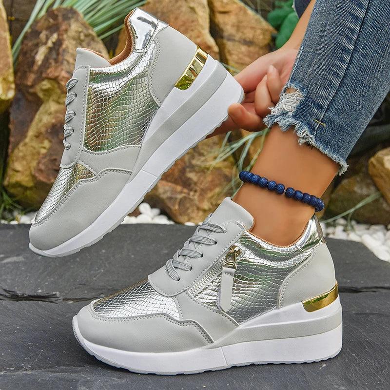 Gold Silver Wedge Sneakers for Women Lightweight Non Slip Casual Sports Shoes Woman Comfort Thick Sole Walking Shoes Plus Size