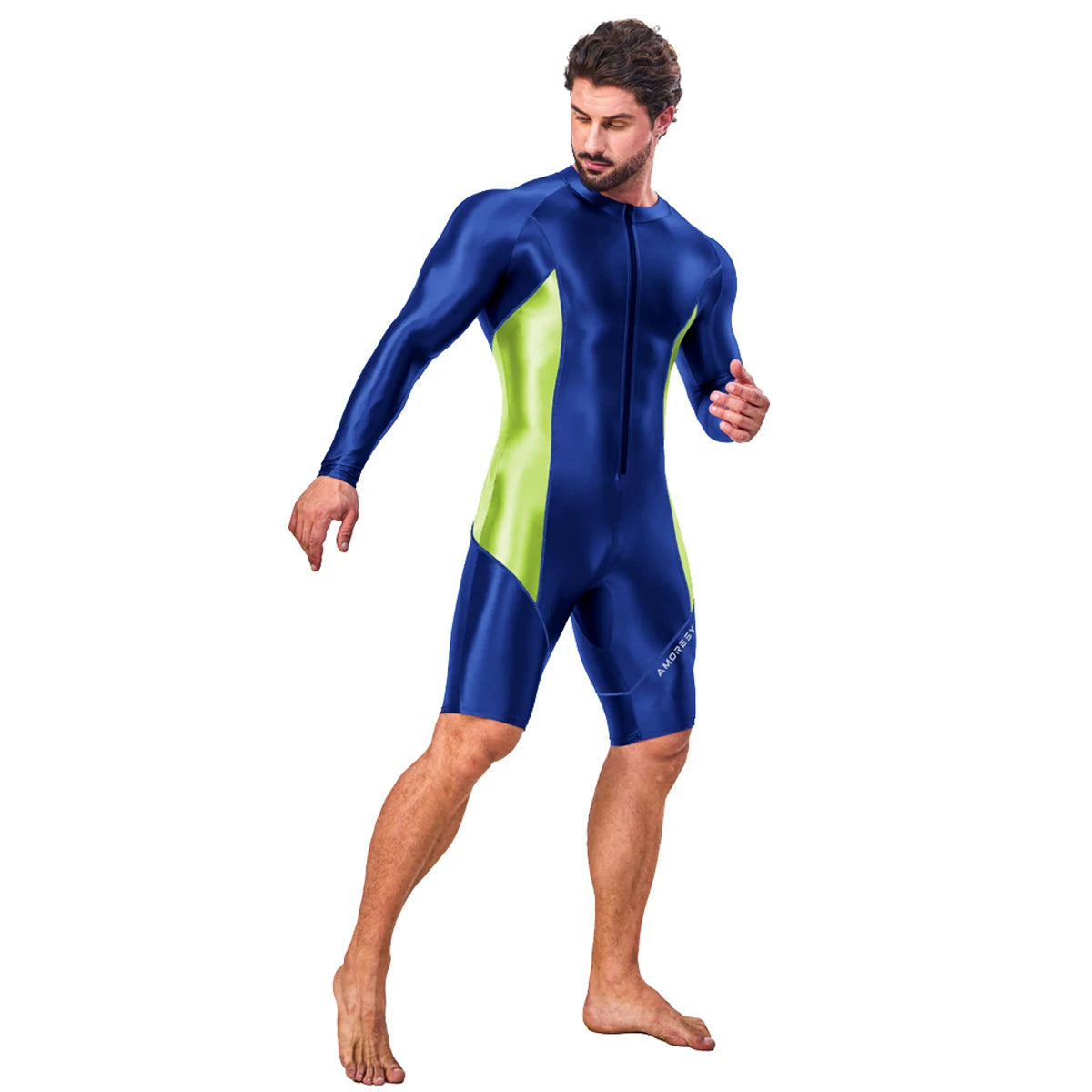 AMORESY Atticus Series Men Glossy Smooth Patchwork High Stretch Long Sleeve Knee Length Tracksuit Jumpsuit Bodysuit Fitness Gym