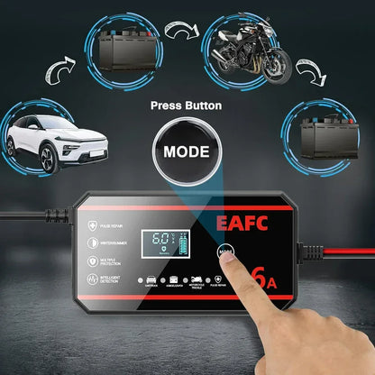 EAFC Fully Automatic 12V 6A Smart Car Battery Charger Pulse Repair LCD Display for Auto Moto AGM GEL WET Lead Acid LiFePO4