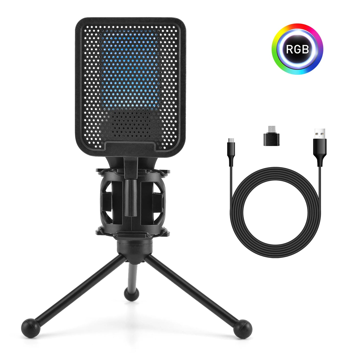 Professional Microphone Condenser Gaming Mic PC Laptop Computer USB Wired Streaming Studio Podcast Mike Kit Gamer RGB PC Karaoke
