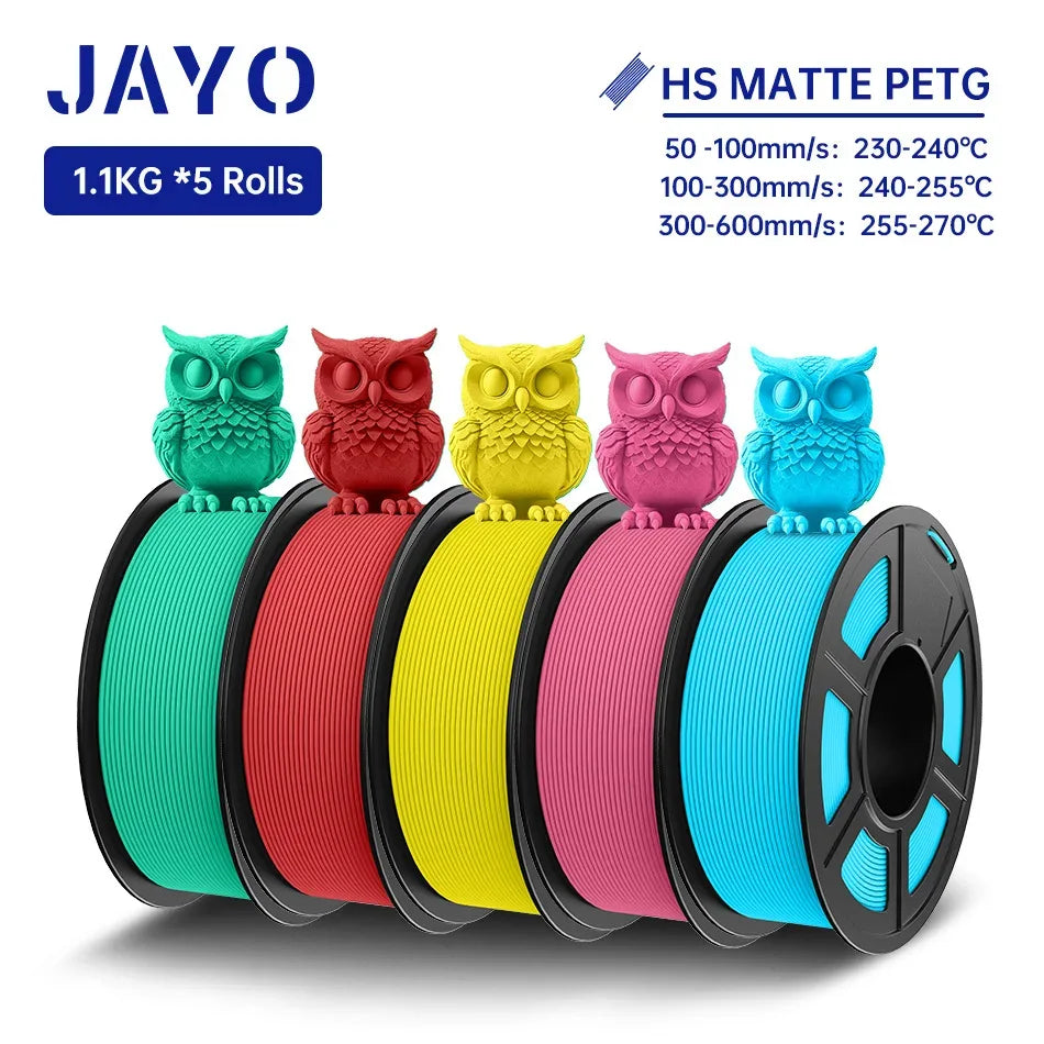 JAYO PETG 3D Filament 1.75MM High Speed PETG 3D Printer Filament 5Rolls High Flow Speedy Matte Effect 3D Printing Mateials