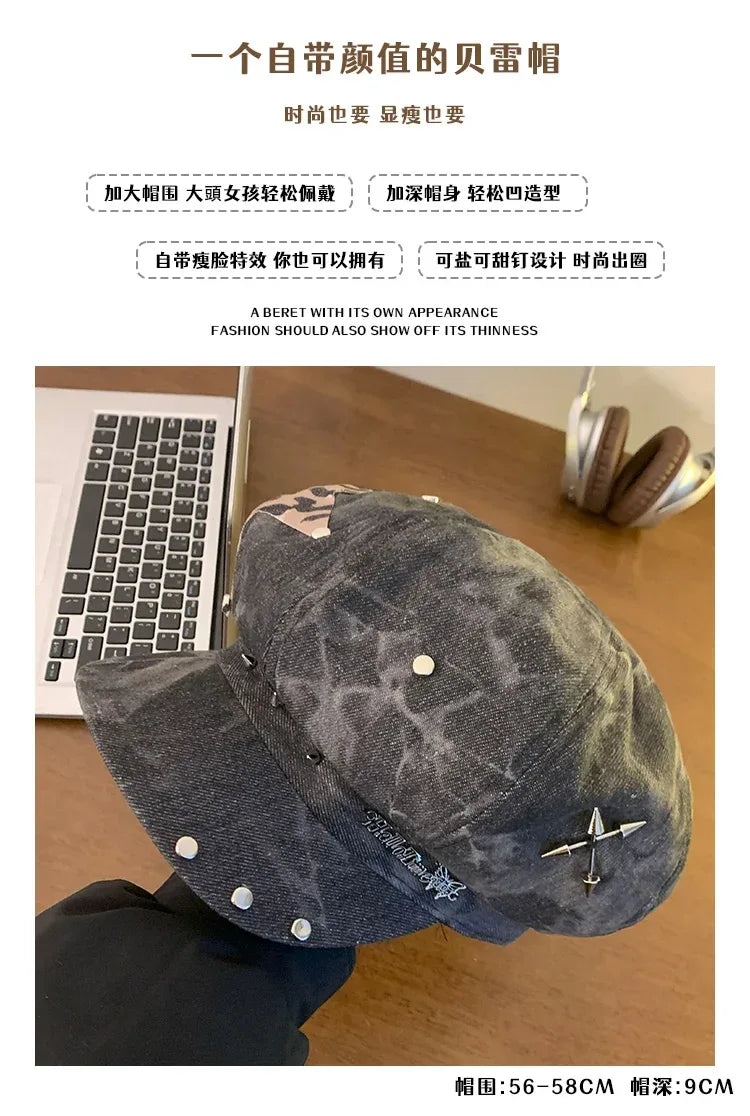 American Punk Style Rivet Star Design Octagonal Hats for Women Spring and Autumn Casual Versatile Retro Washed Denim Berets Cap