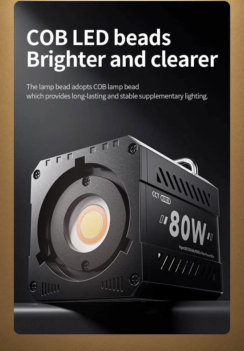 ZU80 COB camera light 80W LED fill light 2500K~6500K dual-color mini Bowens portable outdoor live lighting CRI≥96 TLCI≥97