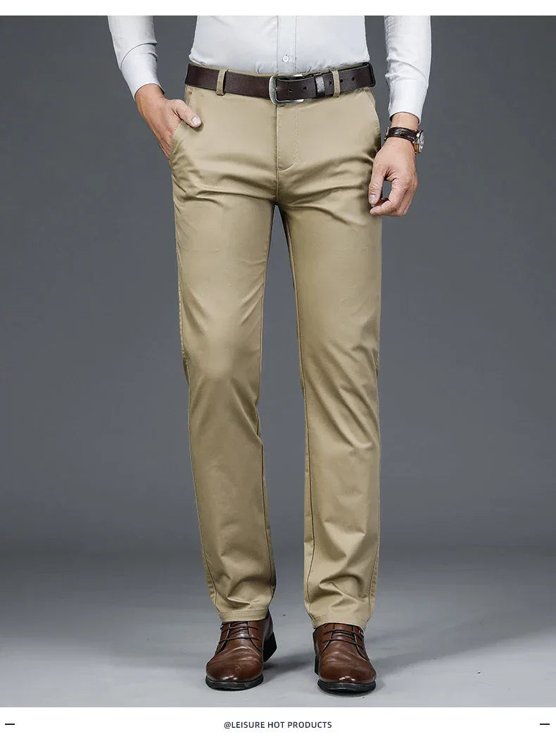 Autumn Classic Style Men's Beige Business Straight Casual Pants Stretch Cotton High Waist Solid Brand Trousers Khaki Green Black