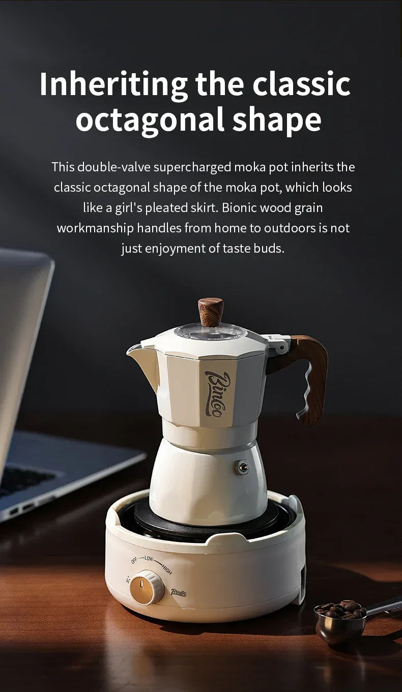 Bincoo Dual Valve Moka Pot Espresso Machine Extraction Coffee Mocha Pot，Electric Heating Furnace Italian Home Barista Tool 220V