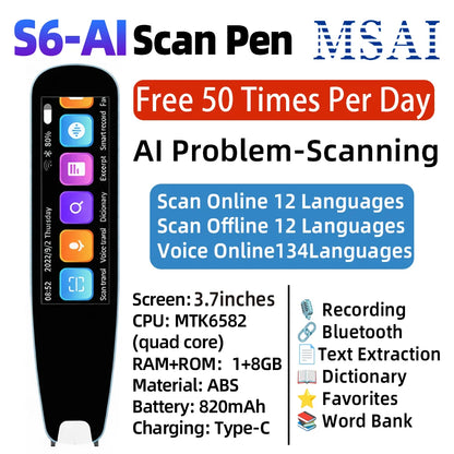 S6 AI Electronic Dictionary Pen S8-PRO 60-Language Online Scanner Dictionary Recorder 134 Online Voice Translation for Learn