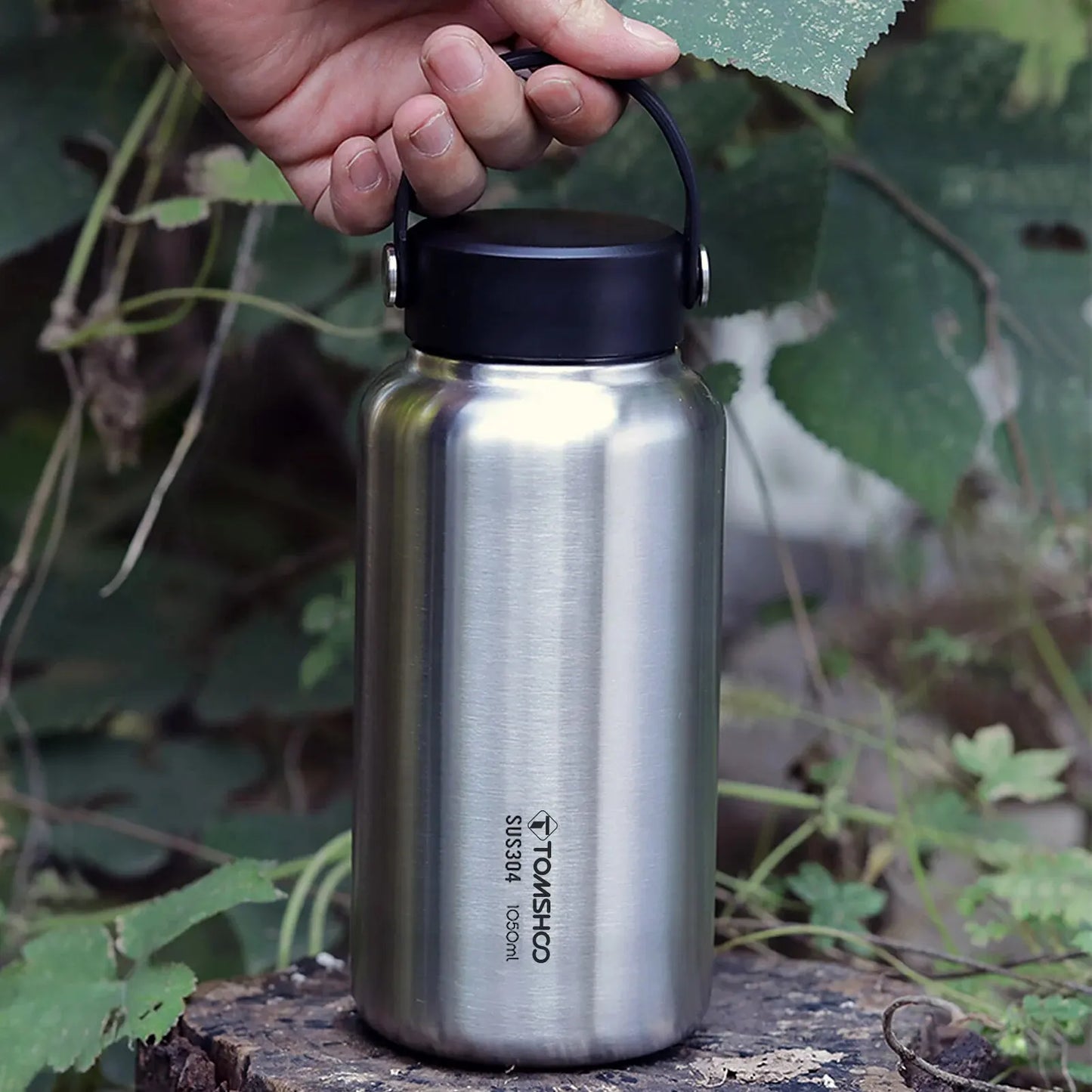 TOMSHOO 1.05L Stainless Steel Water Bottle Leak Proof Sports Bottle W 750ml Water Cup Coffee Mug Hanging Pot for Outdoor Camping