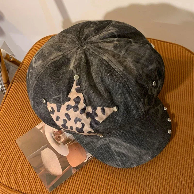 American Punk Style Rivet Star Design Octagonal Hats for Women Spring and Autumn Casual Versatile Retro Washed Denim Berets Cap