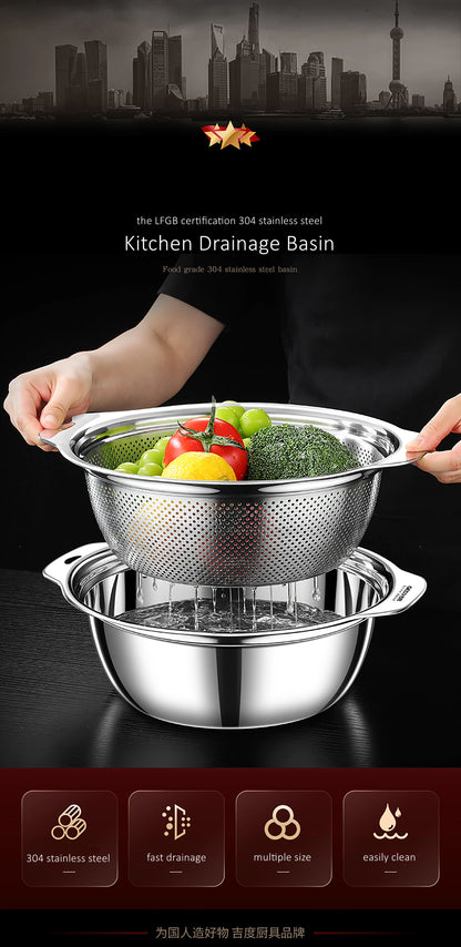 LFGB Certification Kitchen Fruit Vegetable and Rice Washing Basin 23~31cm Diameter Dense Drainage Hole Colander with Side Handle