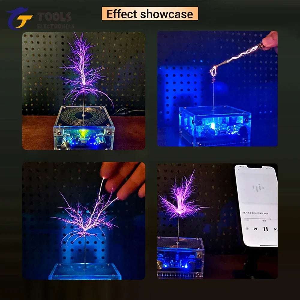 Mini Tesla Coil with Bluetooth Music Sync Adjustable Arc Length Touchable Safe Low-Voltage Design RGB Light Show