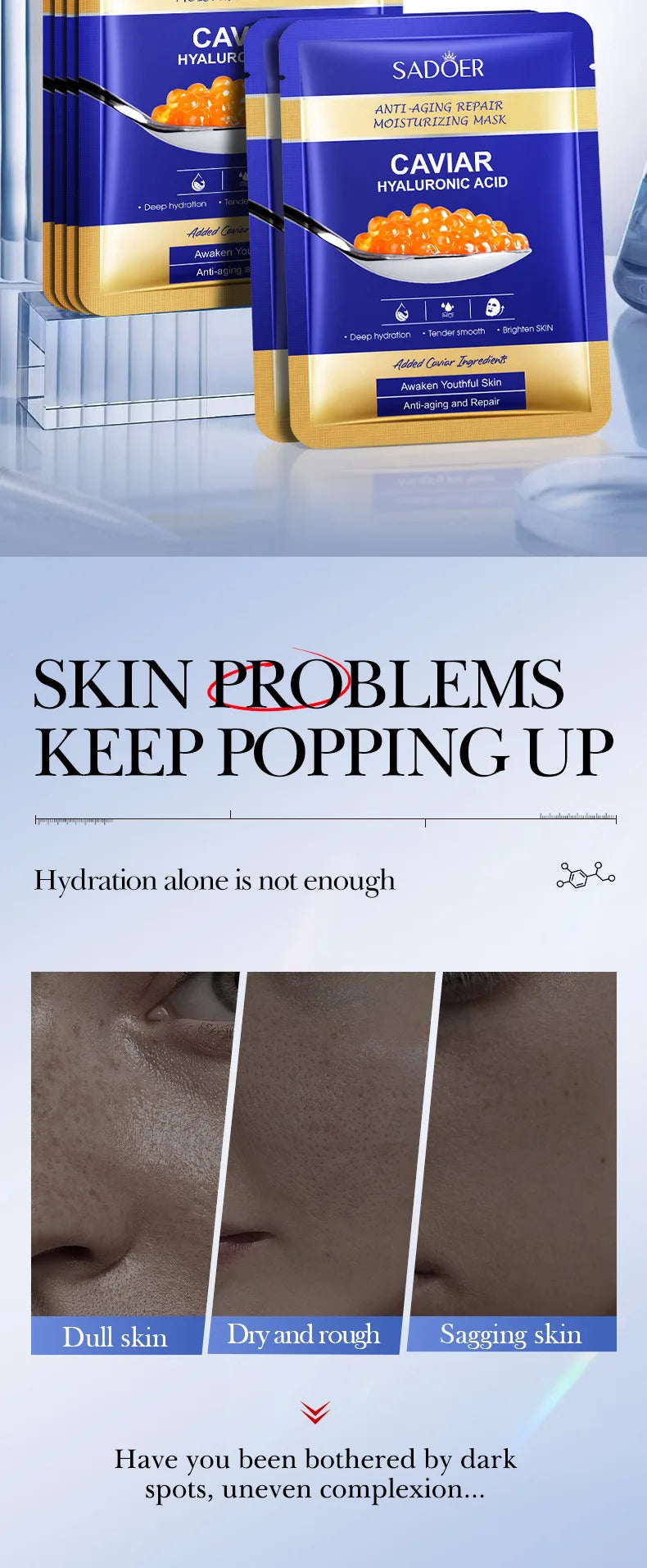 5pcs SADOER Caviar Hyaluronic Acid Moisturizing Facial Masks Brightening Firming Hydrating Face Mask Facial Skin Care Products