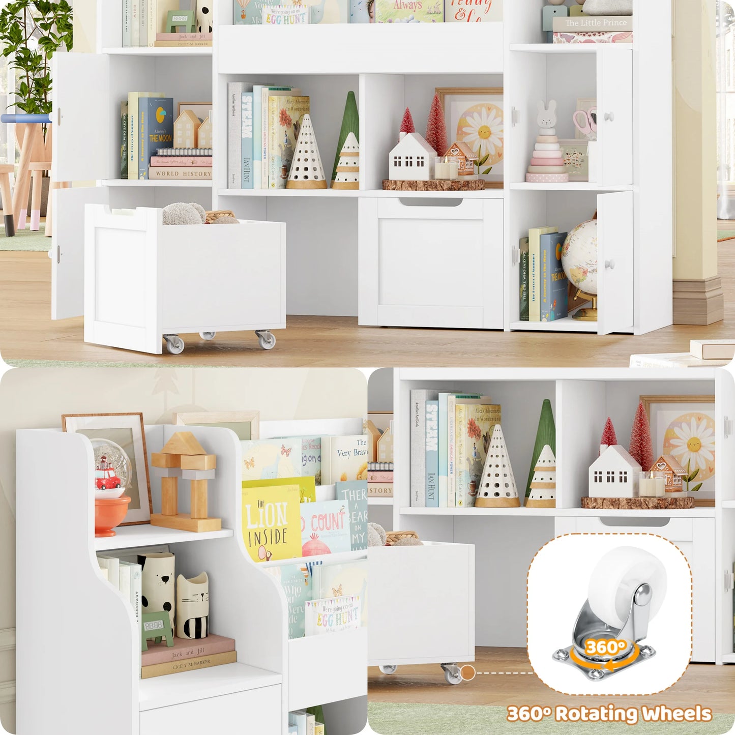 Getone Toy Storage , Childrens Bookcase,Unit 3-tier Kids Bookshelf, Kids Storage with 2 Drawers with Wheels, 4 Doors, 6 Open Shelves,multi-functional toy storage unit122x30x100cm