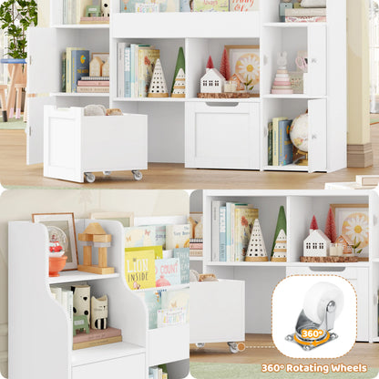 Getone Toy Storage , Childrens Bookcase,Unit 3-tier Kids Bookshelf, Kids Storage with 2 Drawers with Wheels, 4 Doors, 6 Open Shelves,multi-functional toy storage unit122x30x100cm