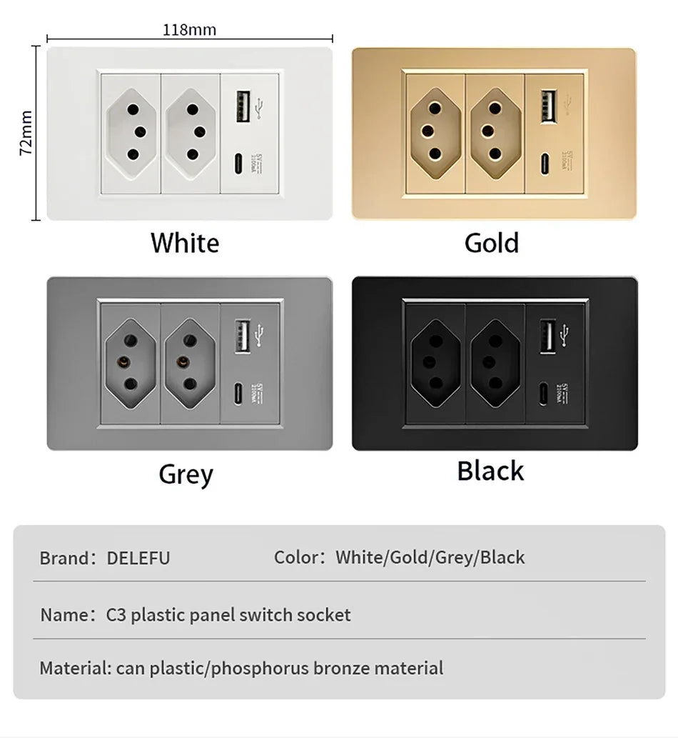 DELEFU 4*2 White Tempered Glass Brazil Standard Outlet with Double USB Type C Wall Power Socket Smart Switch Tuya Wifi 10A 20A