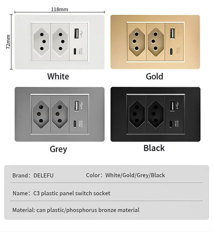 DELEFU 4*2 White Tempered Glass Brazil Standard Outlet with Double USB Type C Wall Power Socket Smart Switch Tuya Wifi 10A 20A