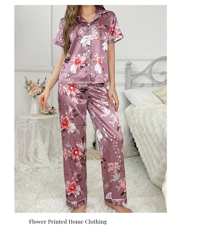 Satin Pajama for Women Flower Print Sleepwear Set Soft Comfort Home Clothes Autumn Short Sleeve Tops & Pants Pyjama Pijama Femme