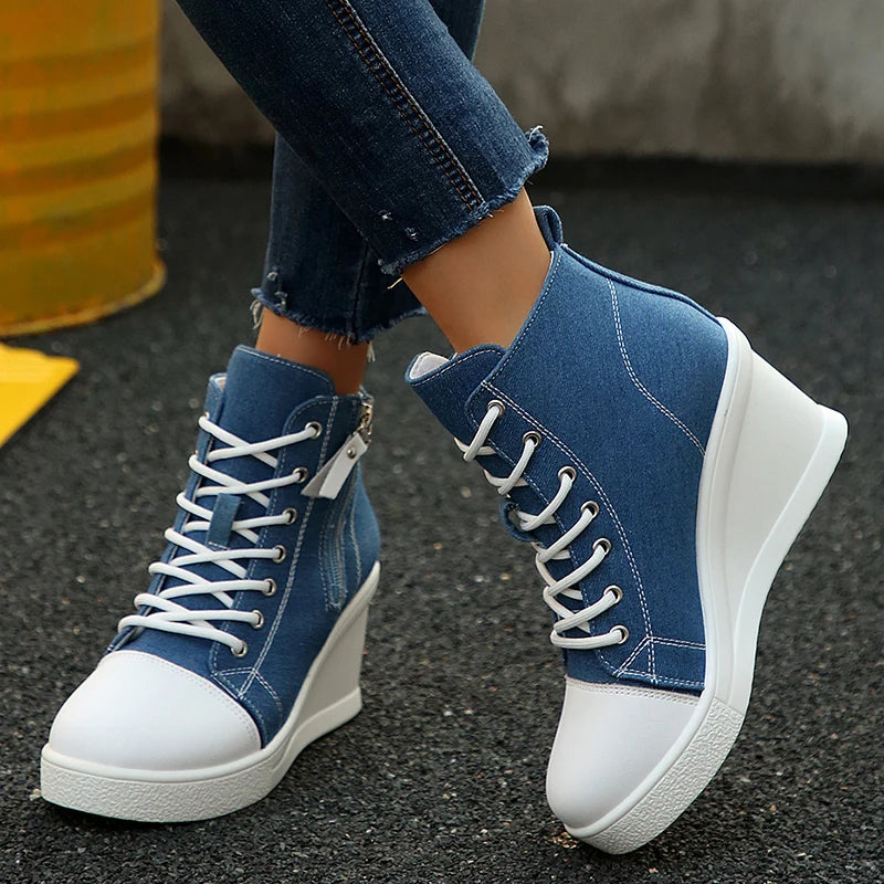 Women's Platform Wedge Heel High Top Sneakers Blue Denim Casual Canvas Shoes Woman Fashion Thick Sole Lace Up Vulcanized Shoes