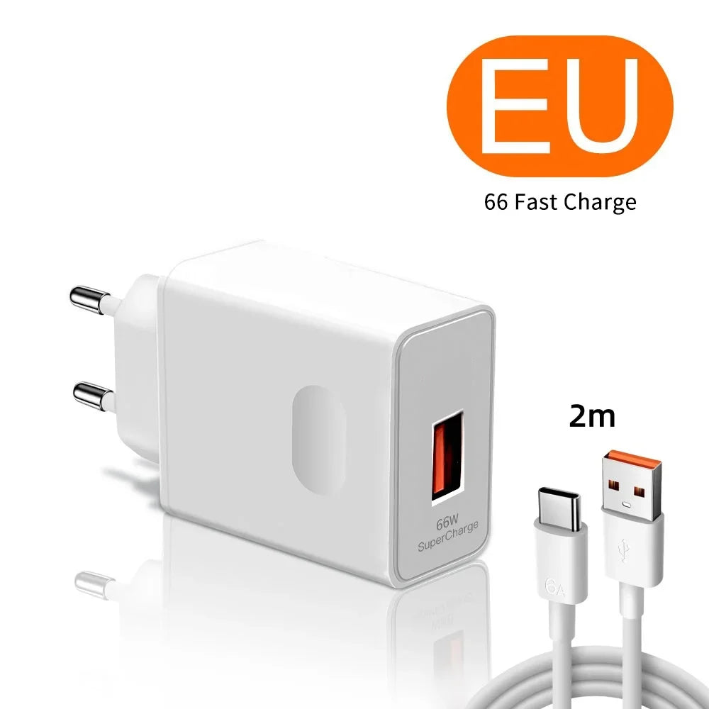 6A 66W Super Fast EU US Wall Charger Adapter 6A Type-C Cable For Huawei Mate 40 50 60 P50 Nova8 9 10 Honor 90 100 X7 X8 X9 Magic