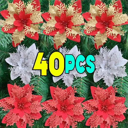 40PCS Artificial Glitter Christmas Flowers with Clips for Xmas Tree Ornament Fake Flower Floral New Year Party Home Decoration