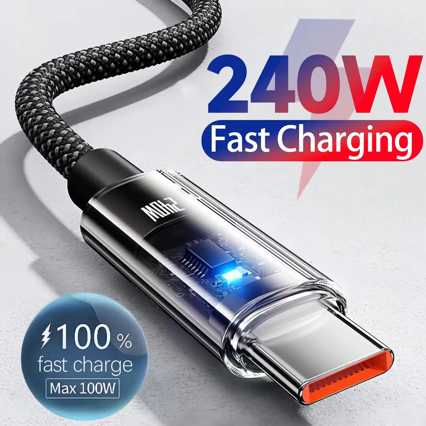 240W Nylon USB C to C Fast Charging Cable with LED Digital Display for Samsung Xiaomi Huawei OPPO Quick Charge 3.0 Data Cord