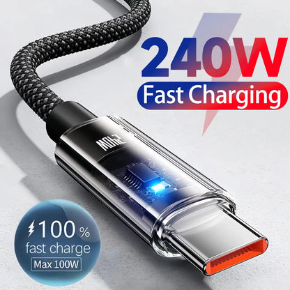 240W Nylon USB C to C Fast Charging Cable with LED Digital Display for Samsung Xiaomi Huawei OPPO Quick Charge 3.0 Data Cord