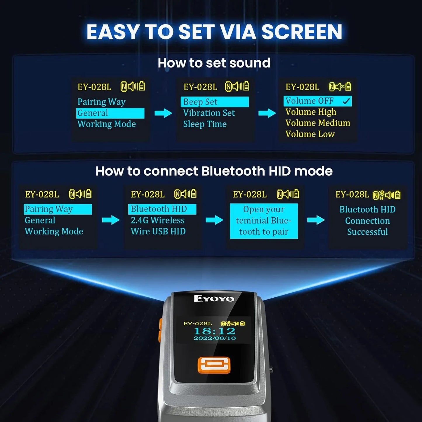 EYOYO Bluetooth QR 2D 1D Barcode Scanner With LED Display Wireless Laser Bar Code Reader for IOS Android Windows Mobile Payment