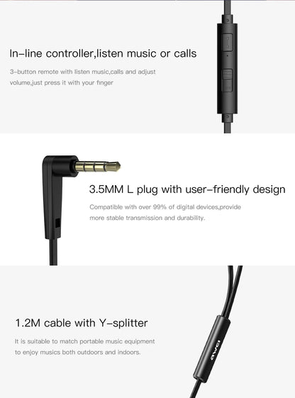 Awei Z1 3.5mm Jack Dual Driver Wired Earphones Stero Headphones With Microphone in-ear Earbuds Sport Headset For Smart Phones