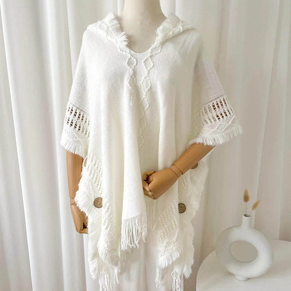 Cape, châle, manteau, poncho à capuche ethnique pour femme, pull à capuche, pompons, dropshipping