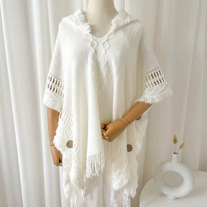 Cape, châle, manteau, poncho à capuche ethnique pour femme, pull à capuche, pompons, dropshipping