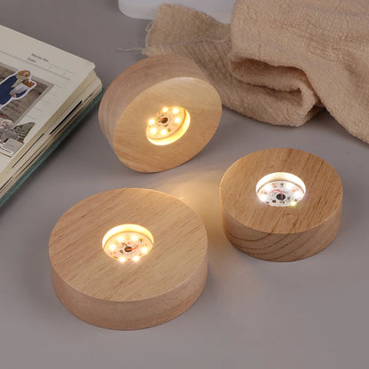 1PC Battery Operated 8/10cm Round Wooden LED Light Dispaly Base Stand Holder Table Night Lamp Base Crystal Glass Art Ornaments