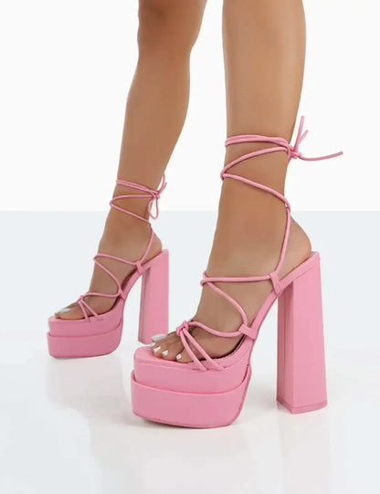 Women Sandals Brand New Sexy Chunky High Heels Pumps Platform Dress Shoes Party Wedding Shoes Cross Lace Up Female Sandals 2025