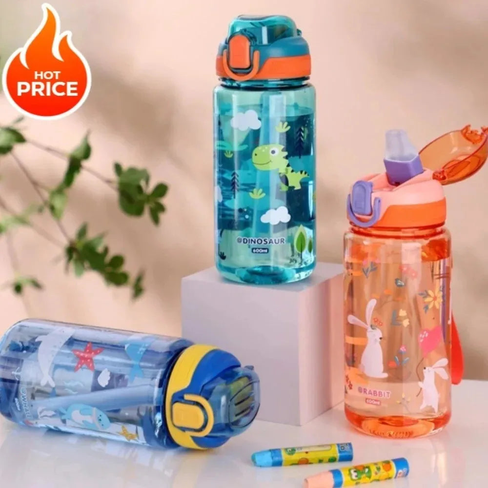 Dinosaur Themed Camping Bottle For Water Drinking Cup With Straw 600ml BPA Free Leakproof Kids Sports Bottle Lightweight Durable