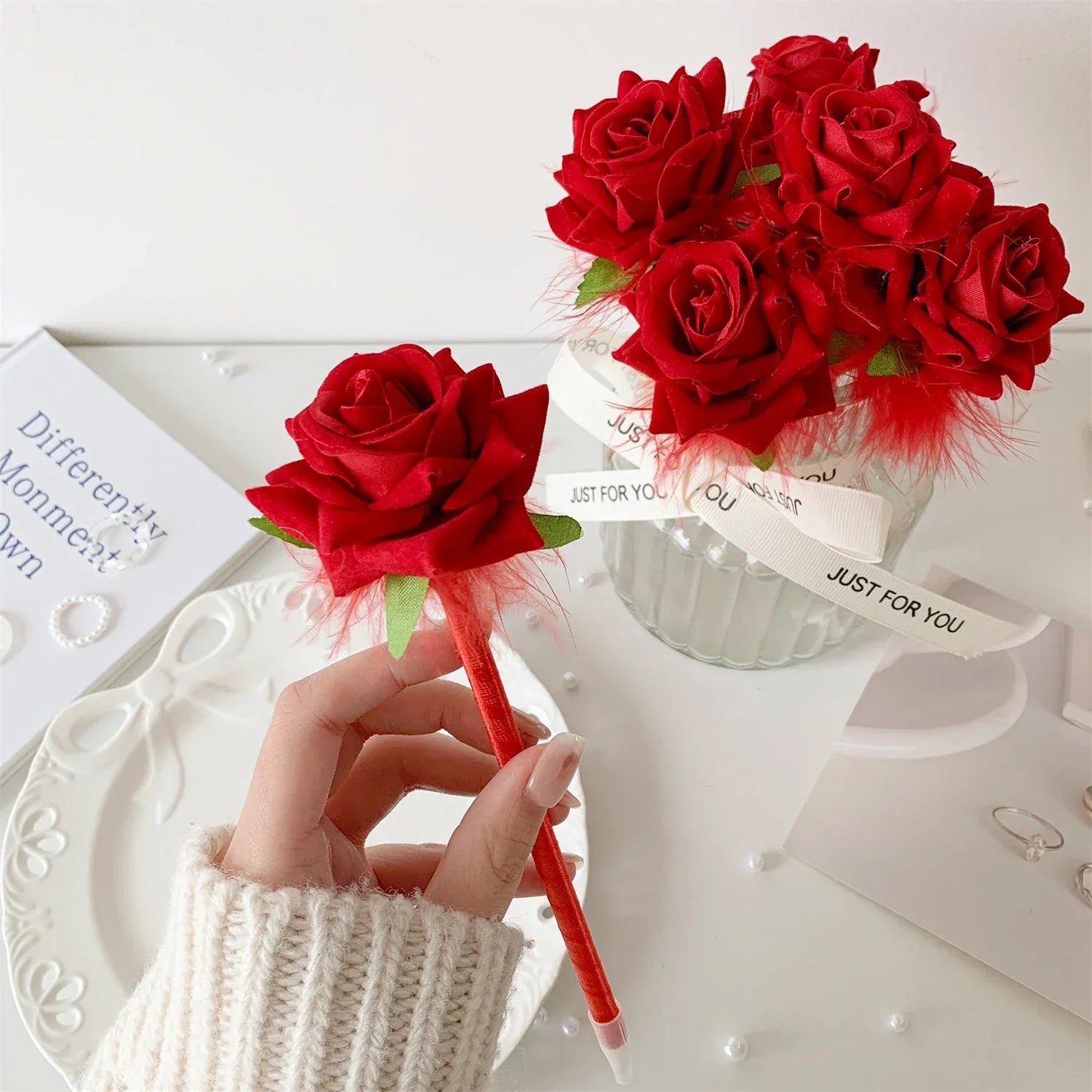 10pcs/set Simulated Rose Shaped Ballpoint Pen Valentine's Day Desktop Decoration Supplies Student Writing Supplies Set