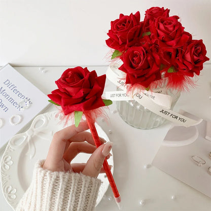 10pcs/set Simulated Rose Shaped Ballpoint Pen Valentine's Day Desktop Decoration Supplies Student Writing Supplies Set
