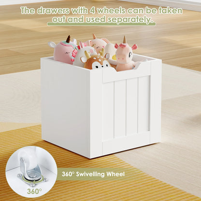 Getone Kids Toy Storage Unit Childrens Bookcase with 4 roller drawers 8 shelves Toy Organiser Kids Bookshelf for Nursery Playroom 125.5x33x118cm White/ Pink