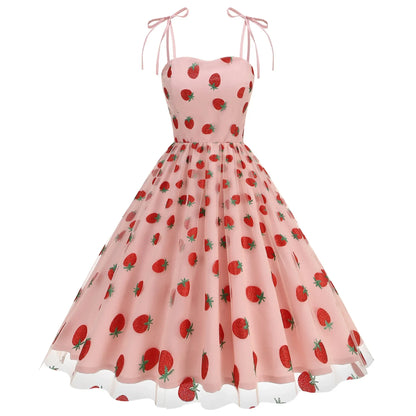 Knot Strap Strawberry Patchwork Vintage Dress 2025 Heart Flocking Valentine's Day Dress Women Birthday Party Pleated Mesh Dress