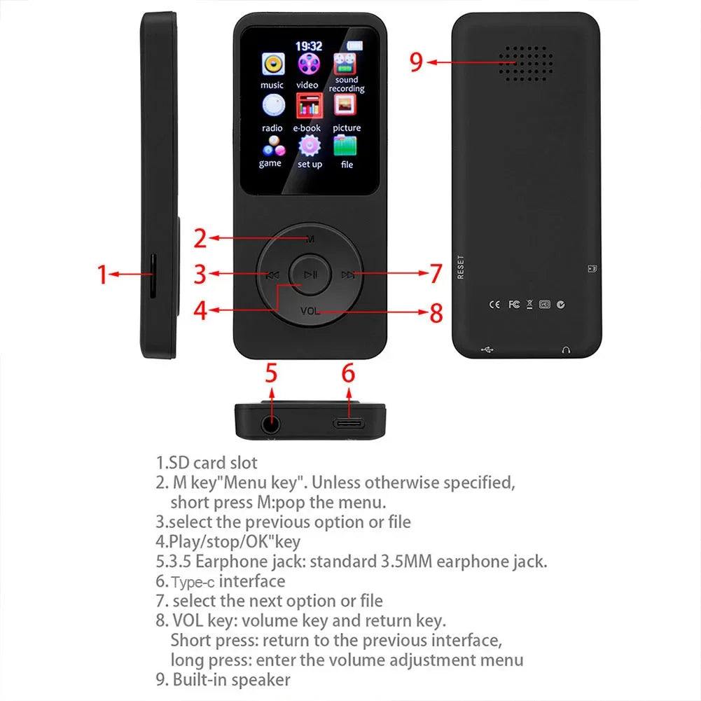 MP3 MP4 Player Bluetooth-Compatible5.0 Sports MP3 Player 1.8in Color Screen Music Stereo Player Gift for Kid