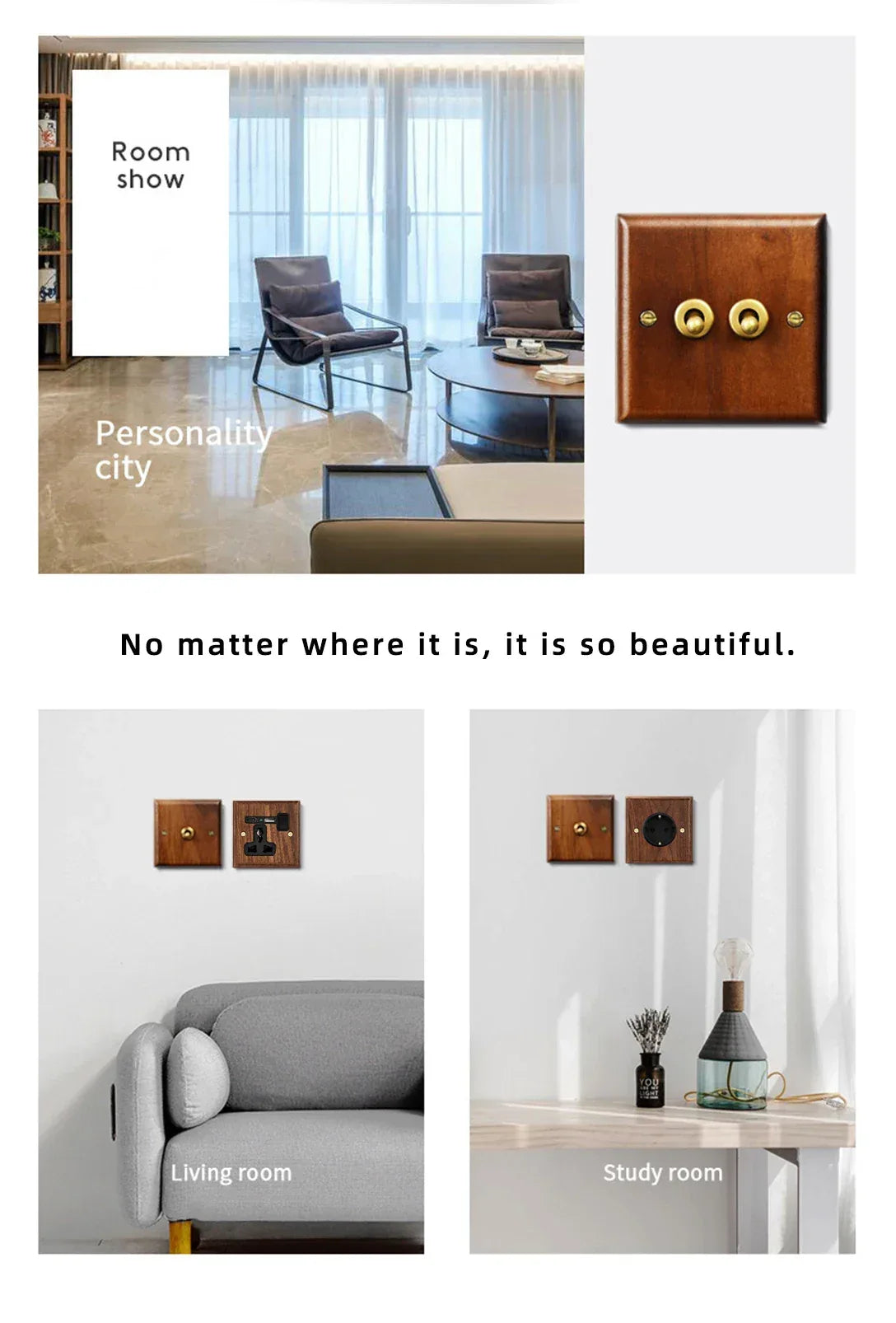 Black walnut retro European retro wall lamp switch socket, solid wood brass toggle switch board 1-4Gang 2Way antique home switch