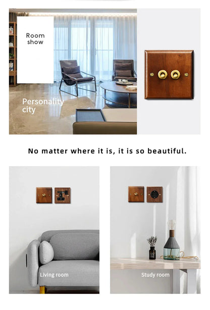 Black walnut retro European retro wall lamp switch socket, solid wood brass toggle switch board 1-4Gang 2Way antique home switch