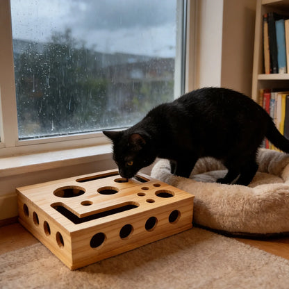 Interactive Frosted Wooden Cat Maze Toy Pet Treat Dispenser Puzzle Box Cat Enrichment Plaything Kitten Foraging Game Feeder